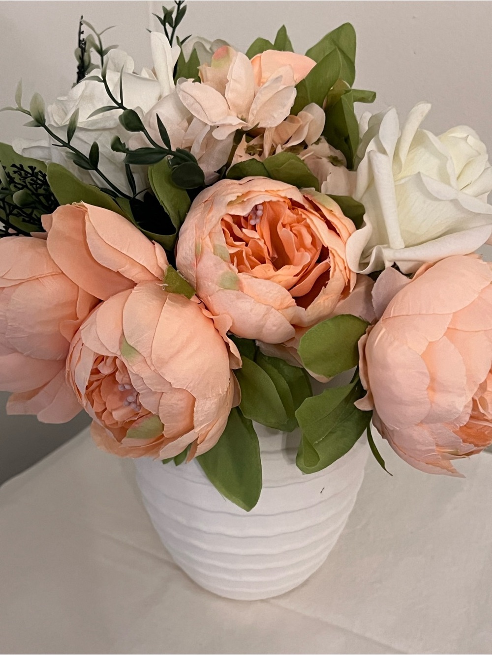 Peach Artificial Peony Bouquet in White Ceramic Vase - Home Accents